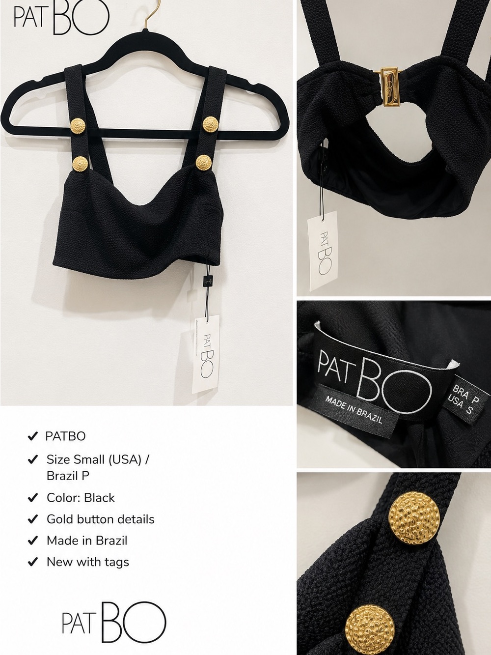 PatBO Black Textured Gold-Button Bralette